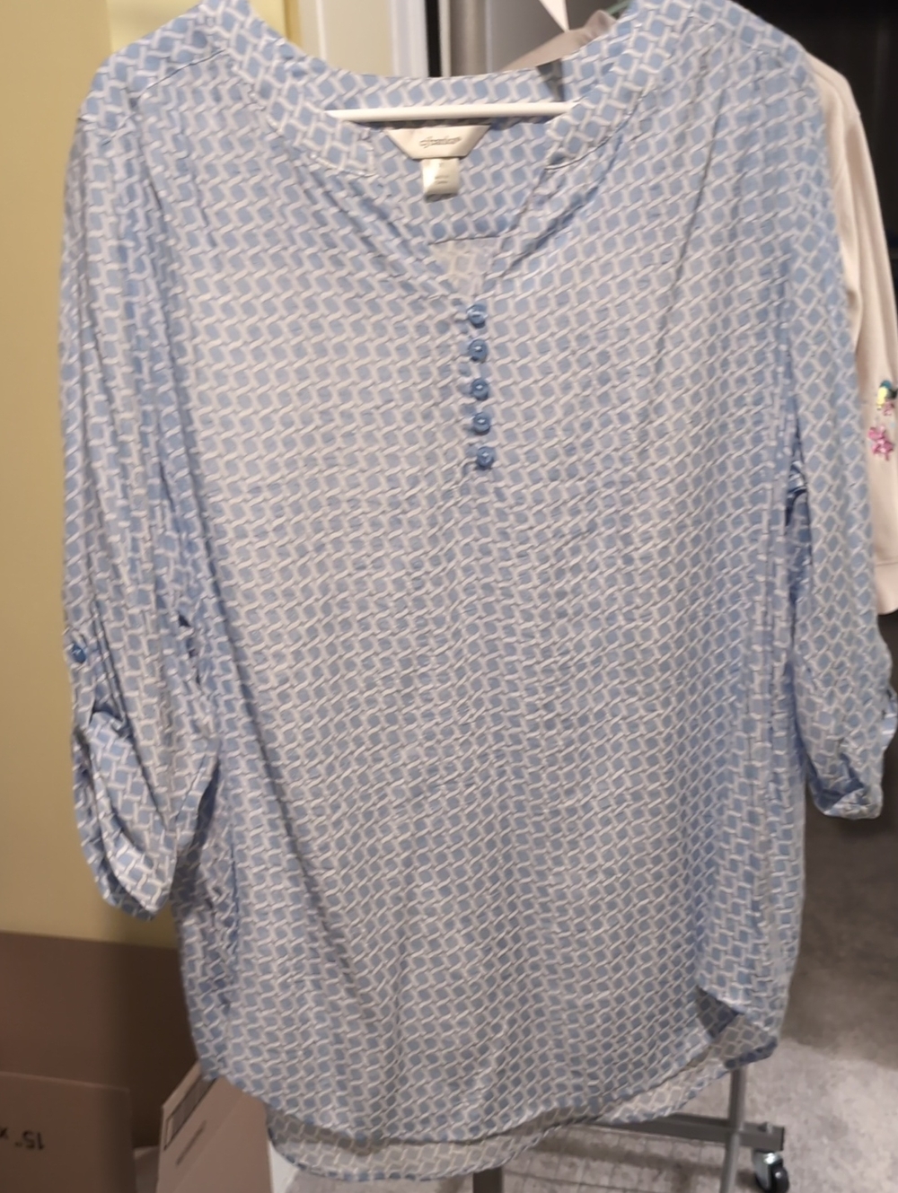 CJ Banks Blue & White Geometric Henley Tunic
